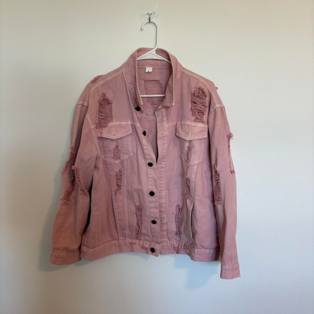Oversized Denim Jacket, Pink, Size S, Distressed